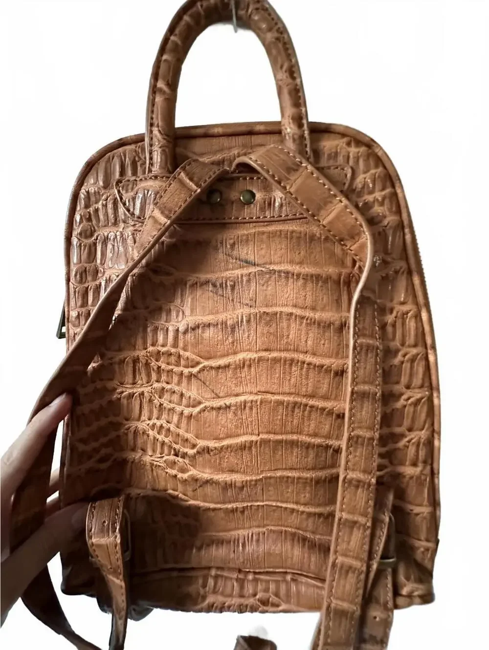 Brown Faux Crocodile Leather Backpack with Patterned Interior